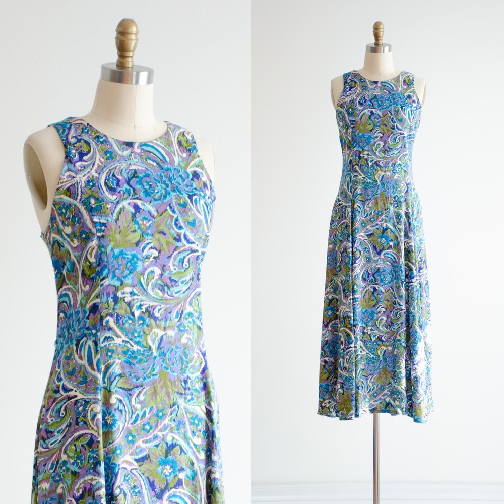 floral maxi dress 90s vintage blue purple green‎ paisley flowy sleeveless dress